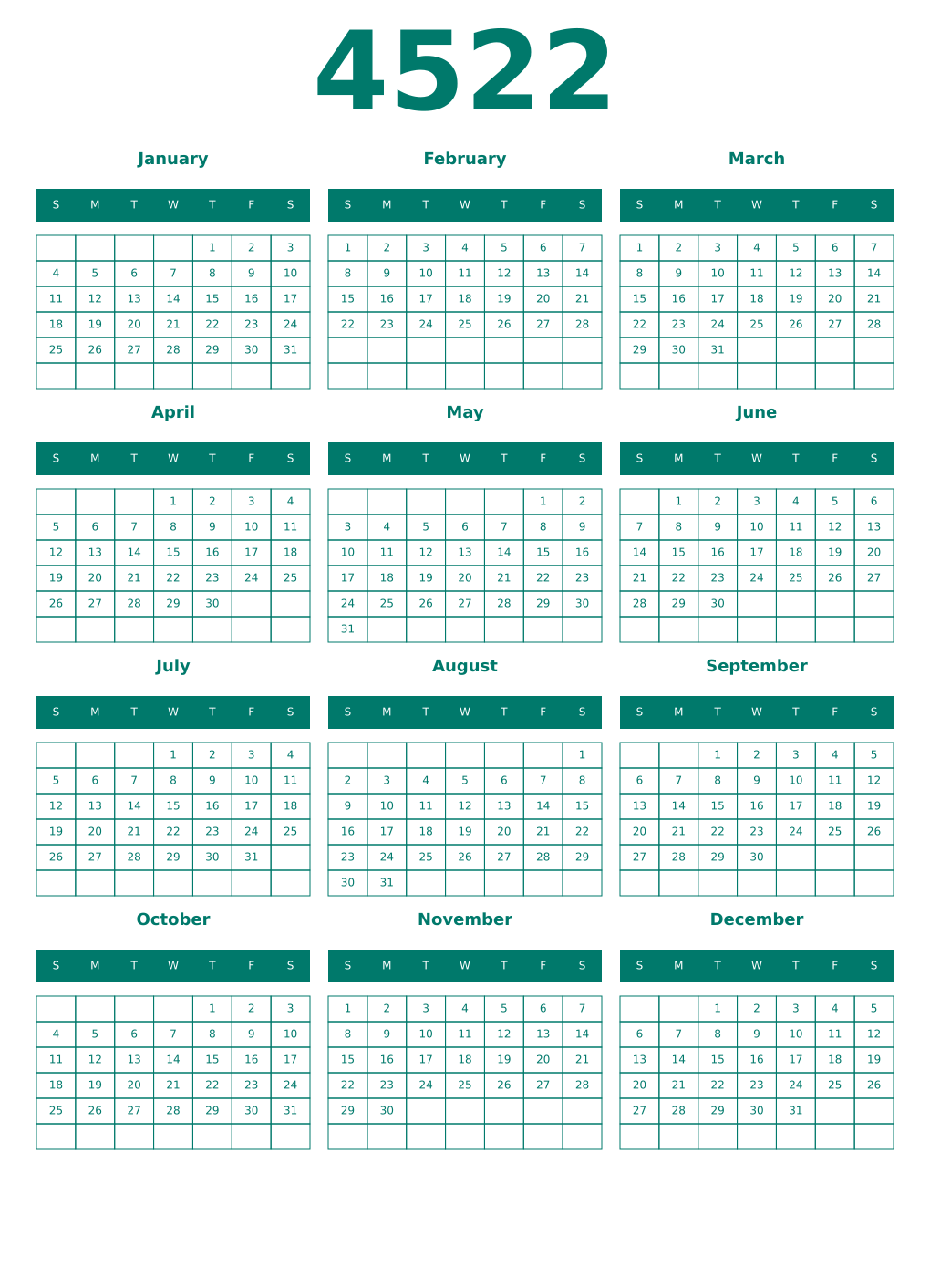 Printable 4522 Year Calendars pastel