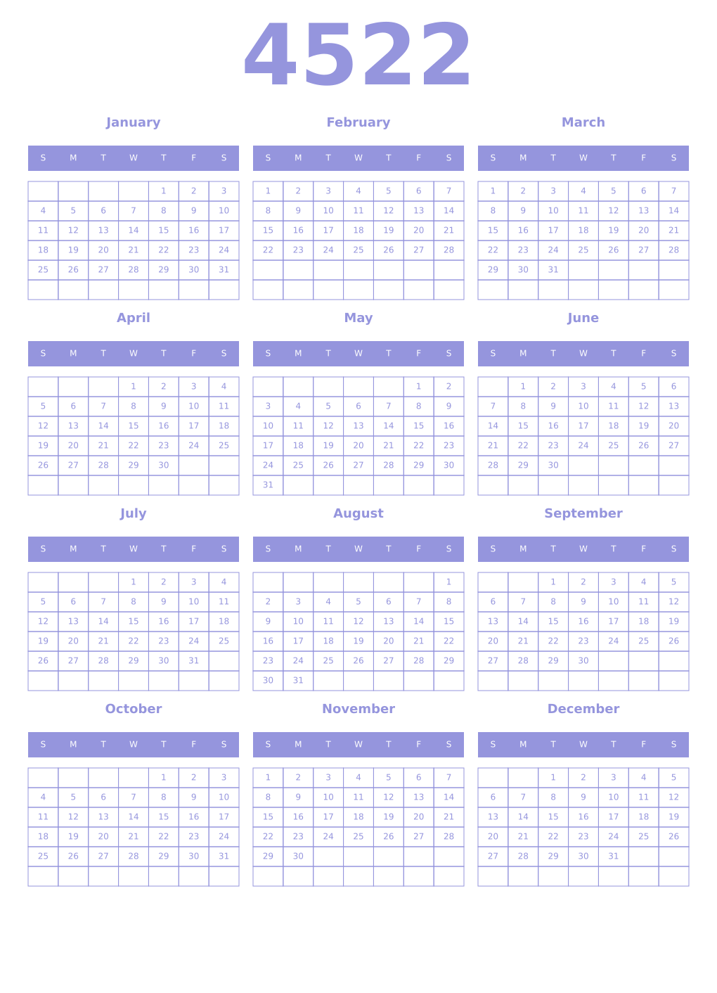 Printable 4522 Year Calendars periwinkle