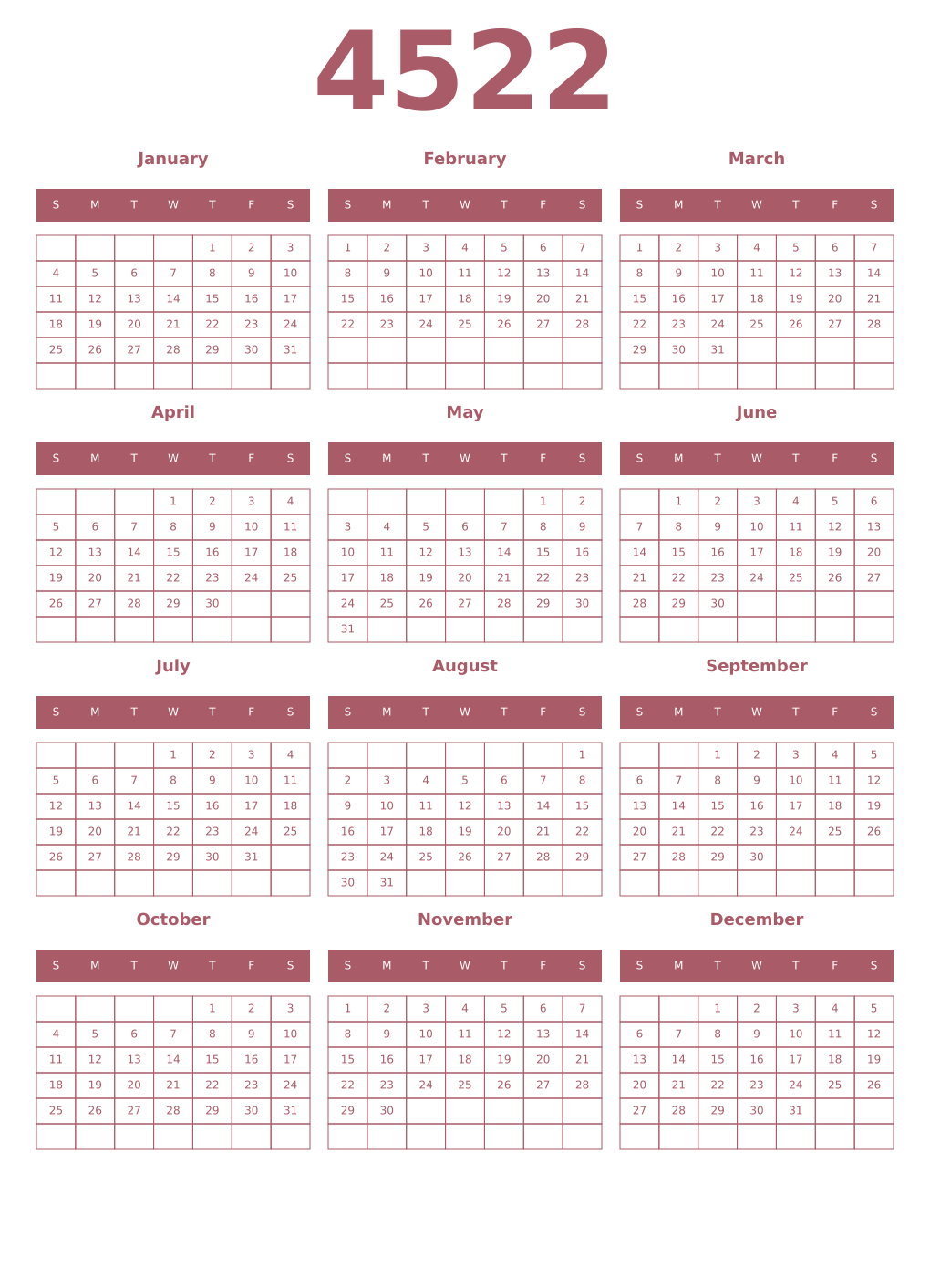 Printable 4522 Year Calendars puce