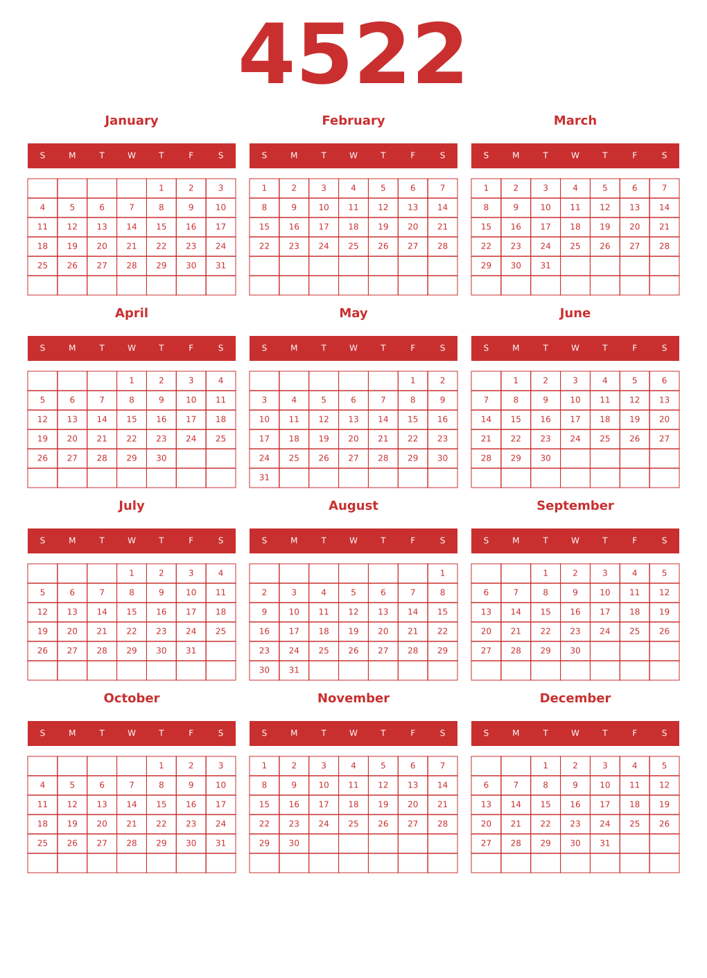 Printable 4522 Year Calendars red