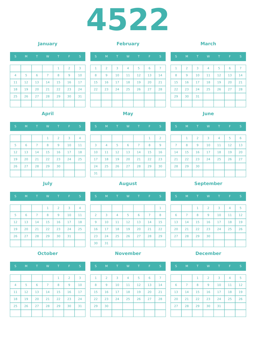 Printable 4522 Year Calendars verdigris