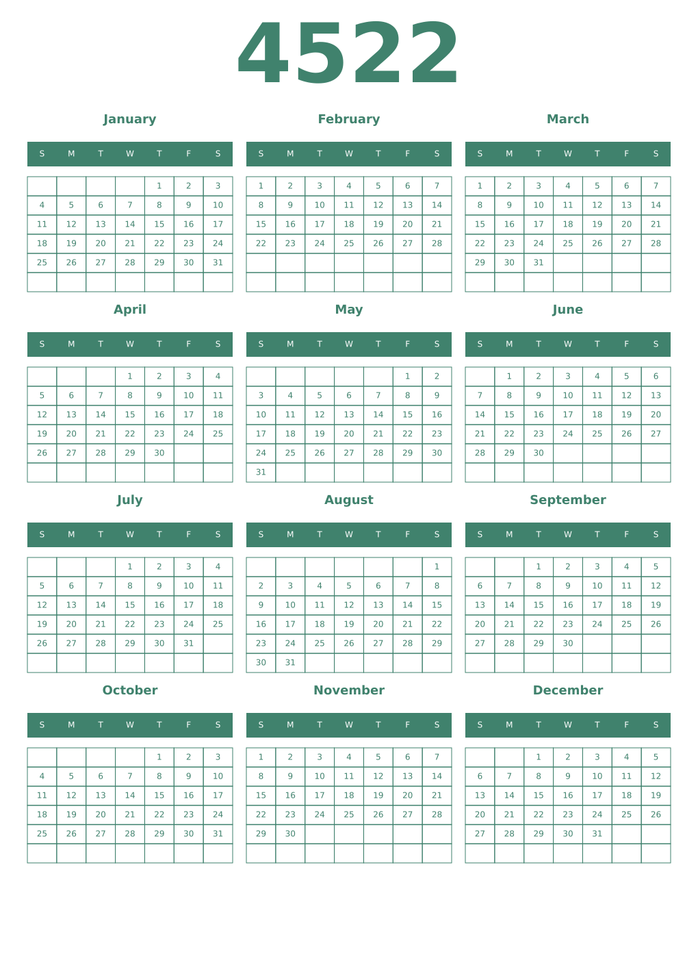 Printable 4522 Year Calendars viridian