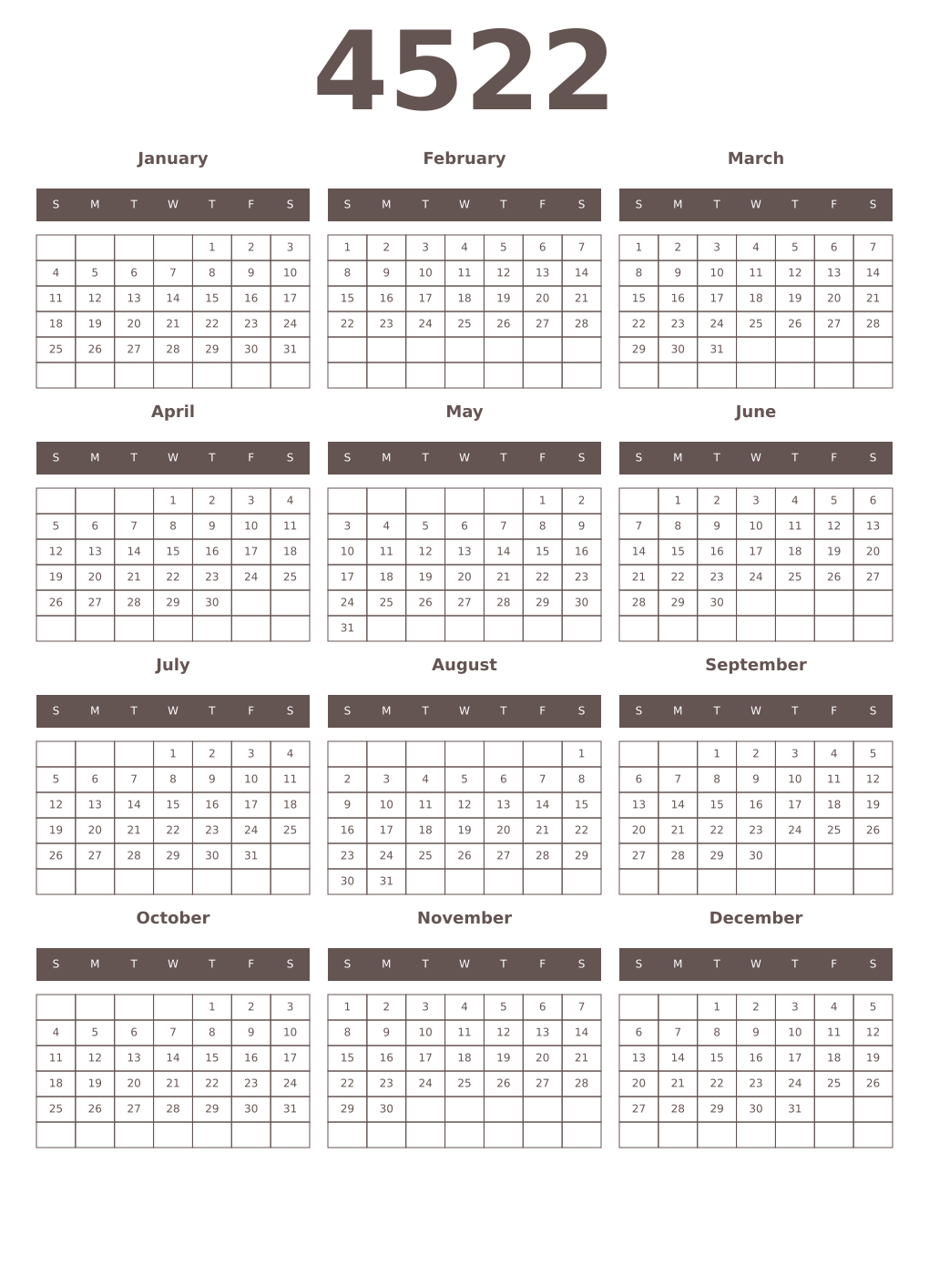 Printable 4522 Year Calendars wenge