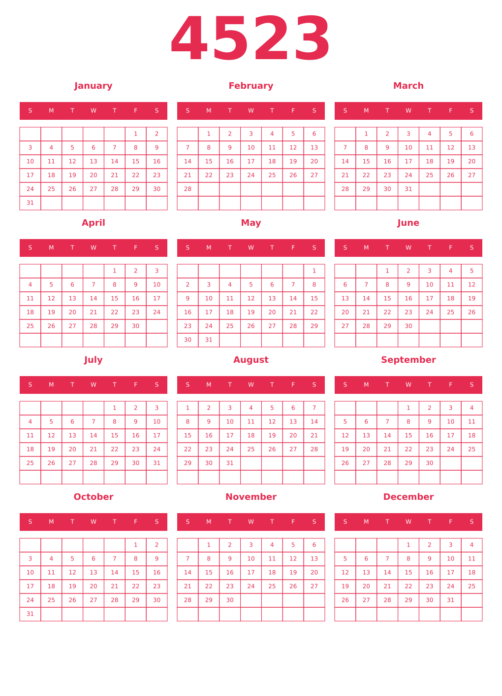 Printable 4523 Year Calendars amaranth