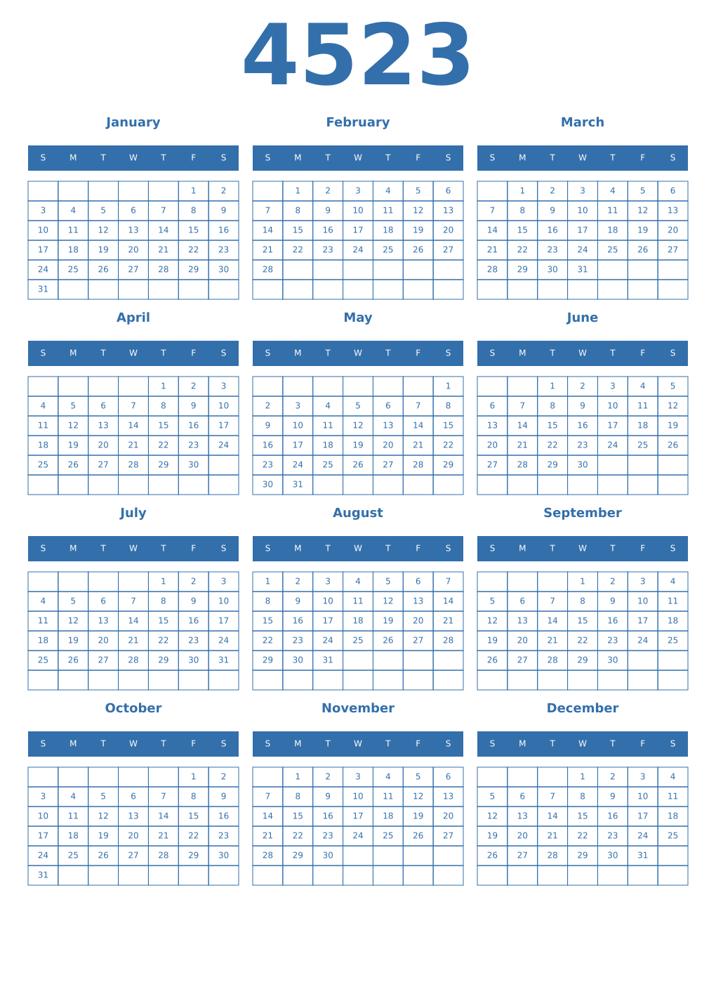 Printable 4523 Year Calendars blue