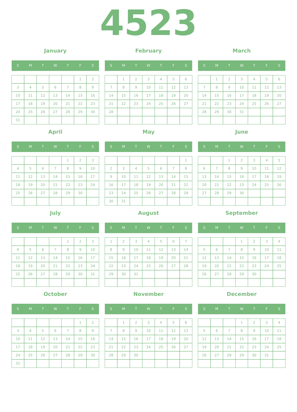 Printable 4523 Year Calendars celadon