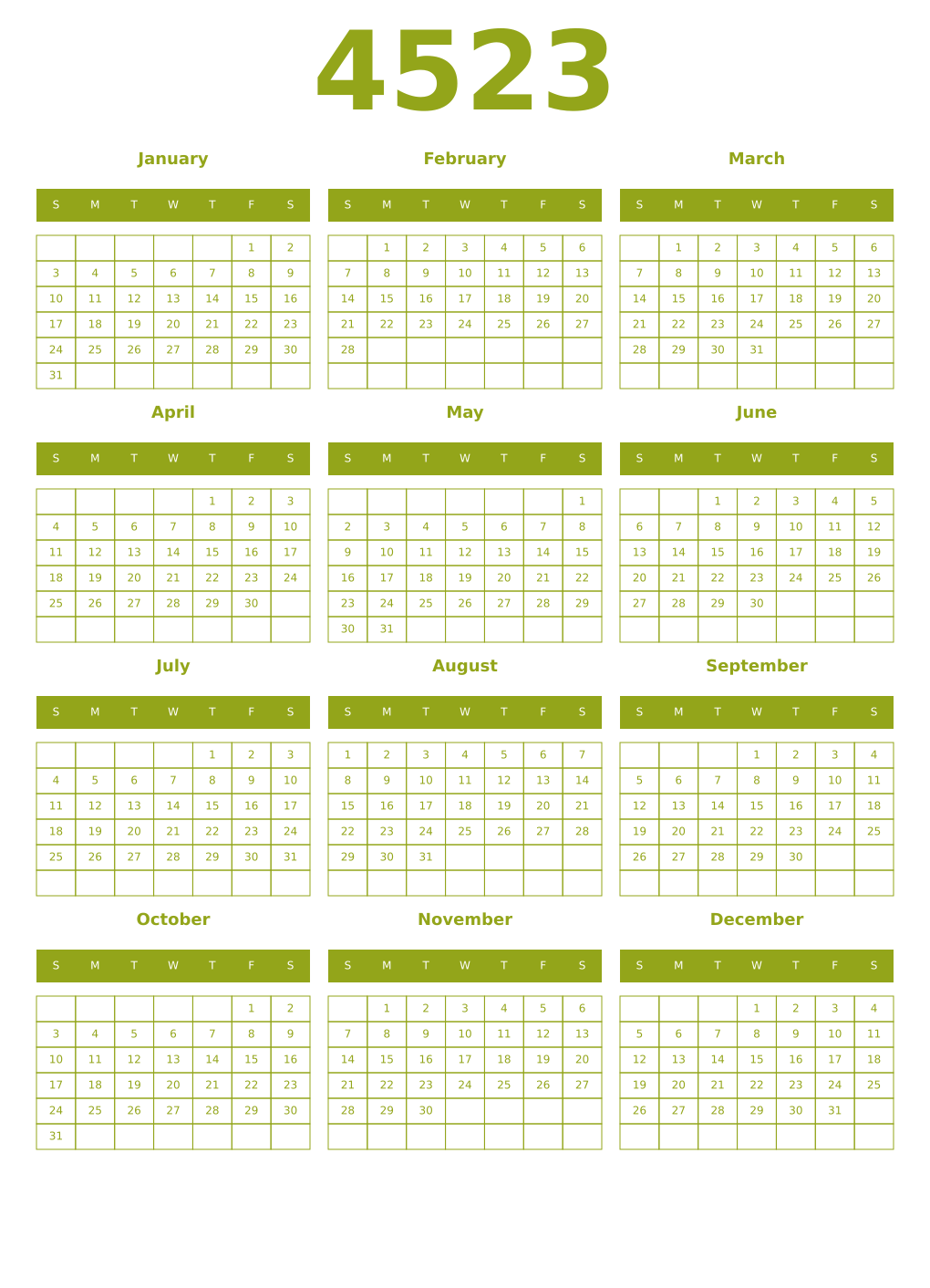 Printable 4523 Year Calendars chartreuse