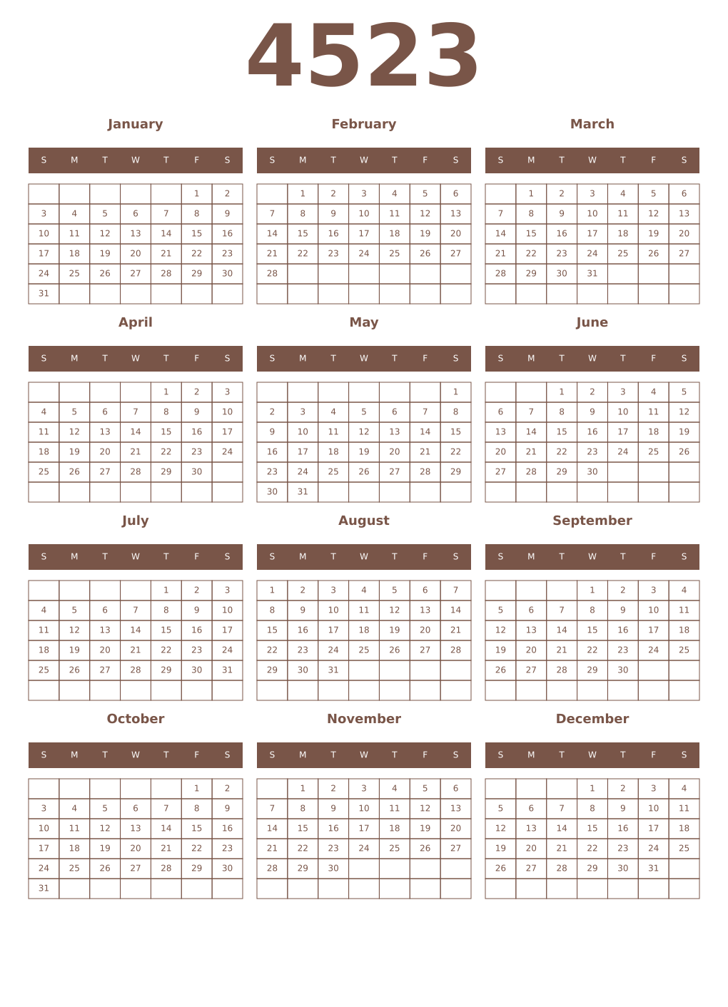 Printable 4523 Year Calendars coffe