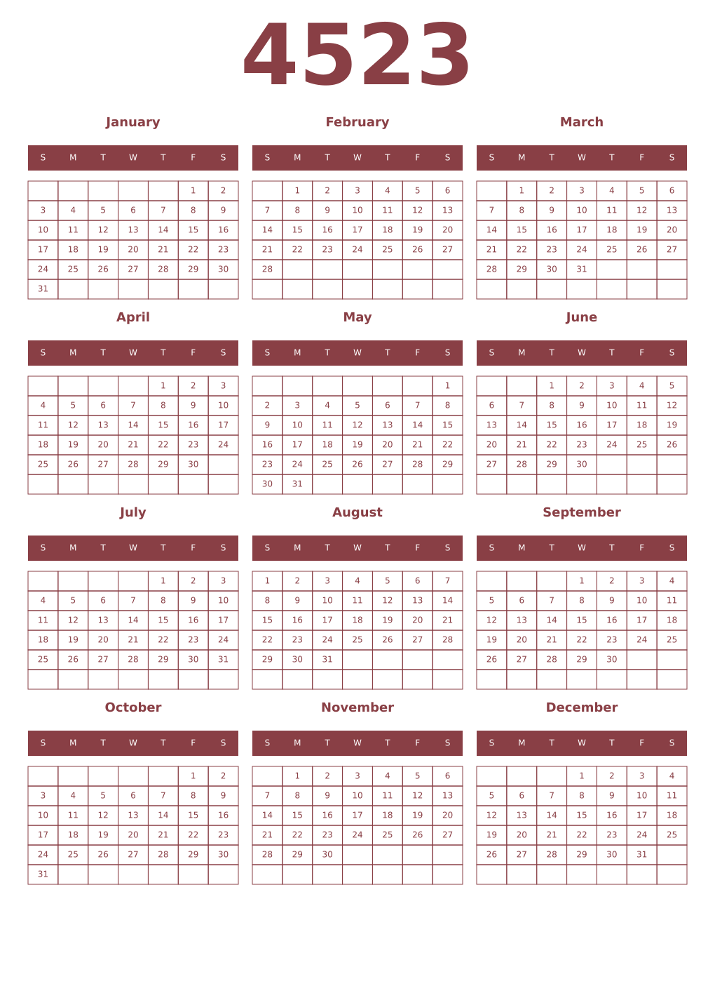 Printable 4523 Year Calendars cordovan