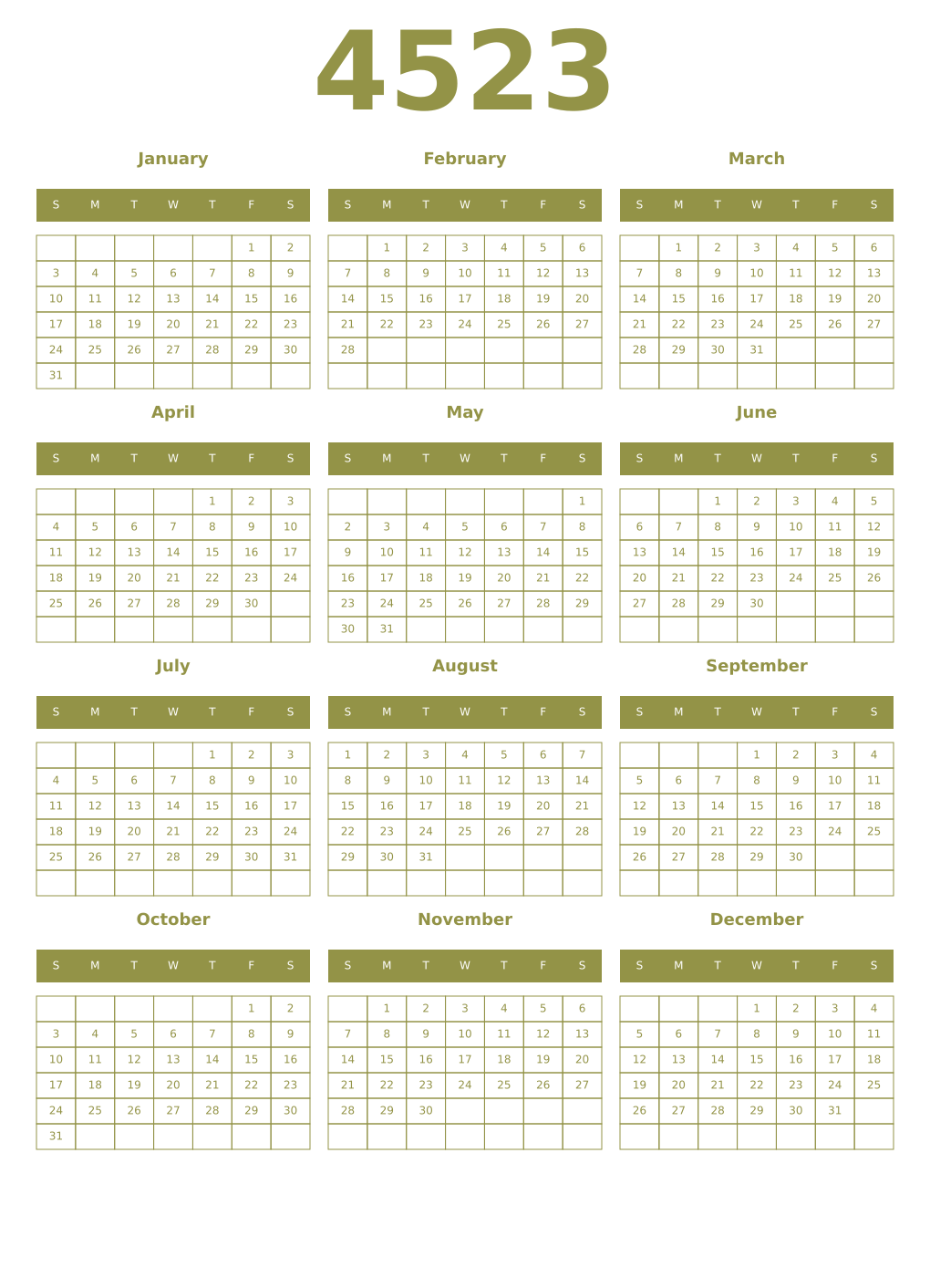 Printable 4523 Year Calendars eburnean