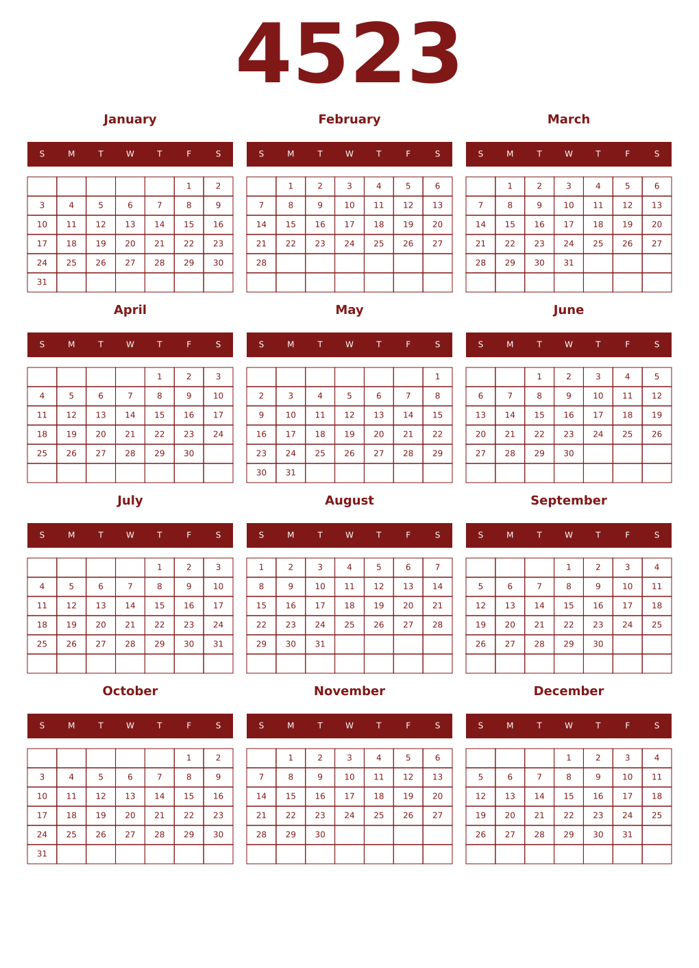 Printable 4523 Year Calendars falu