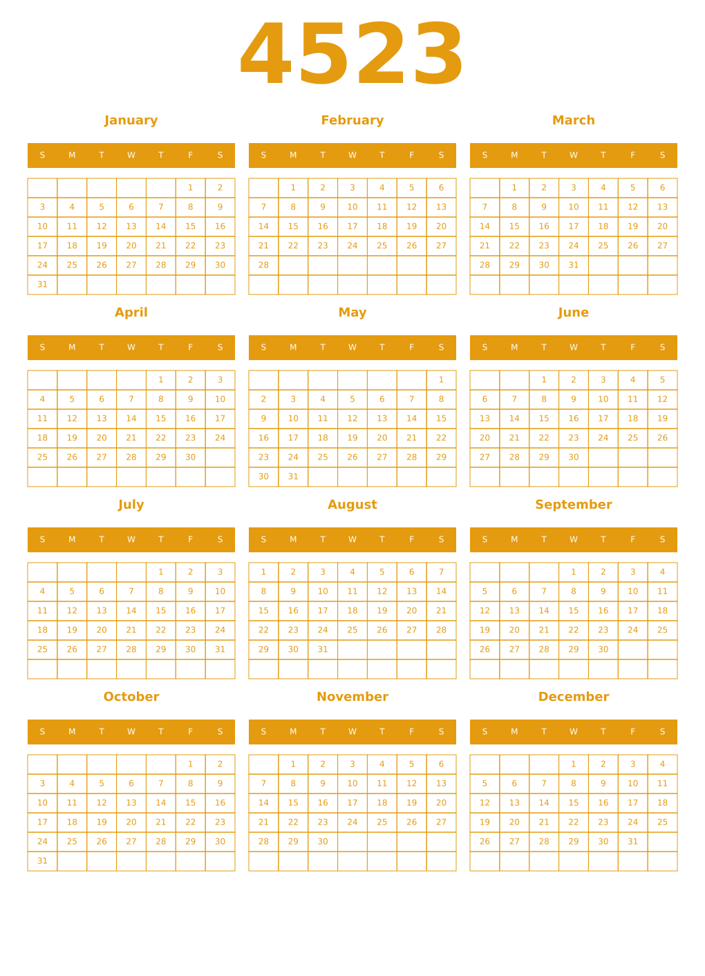 Printable 4523 Year Calendars gamboge