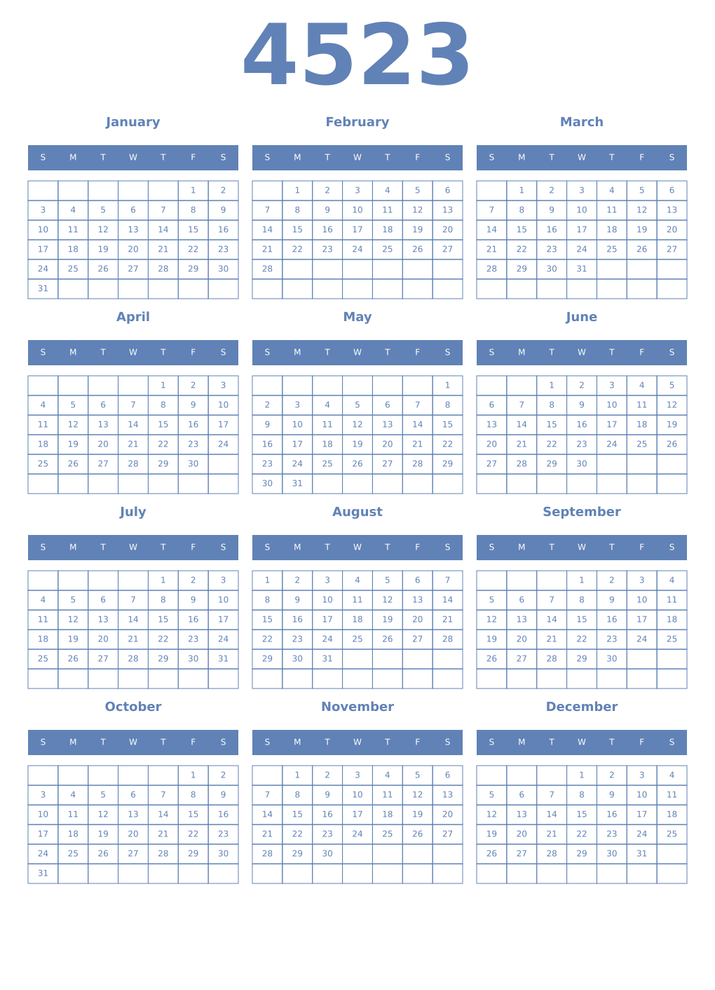 Printable 4523 Year Calendars glaucous