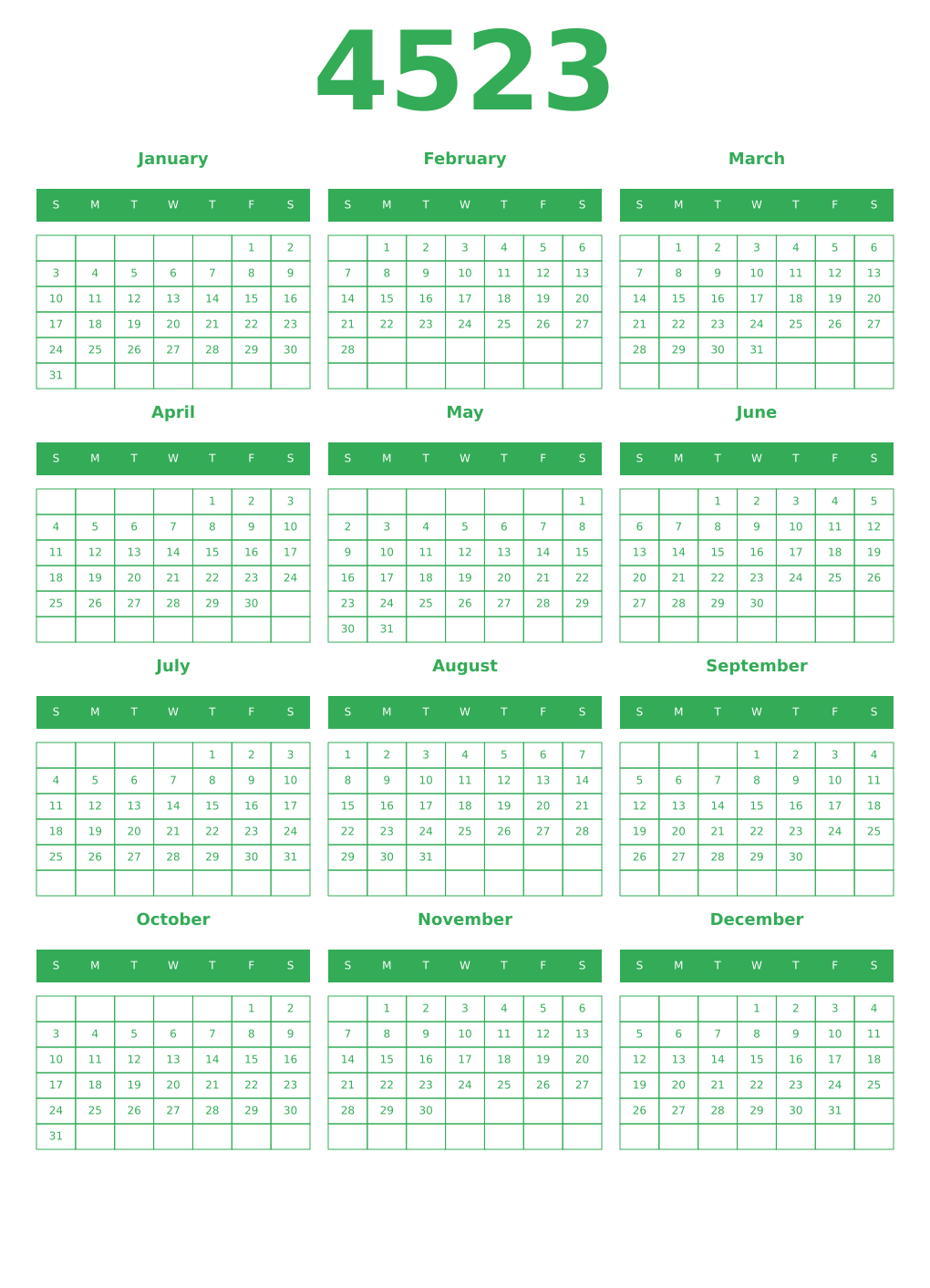 Printable 4523 Year Calendars green