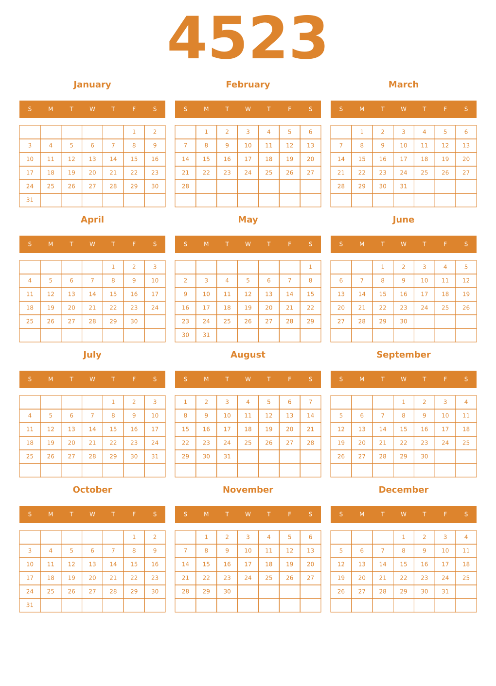 Printable 4523 Year Calendars orange