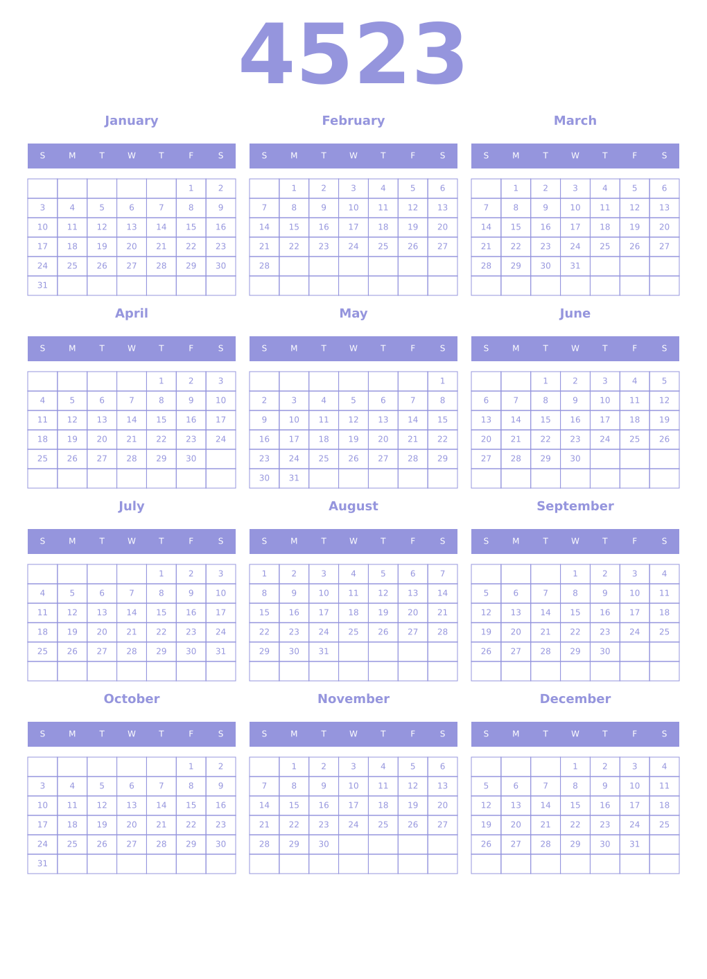 Printable 4523 Year Calendars periwinkle