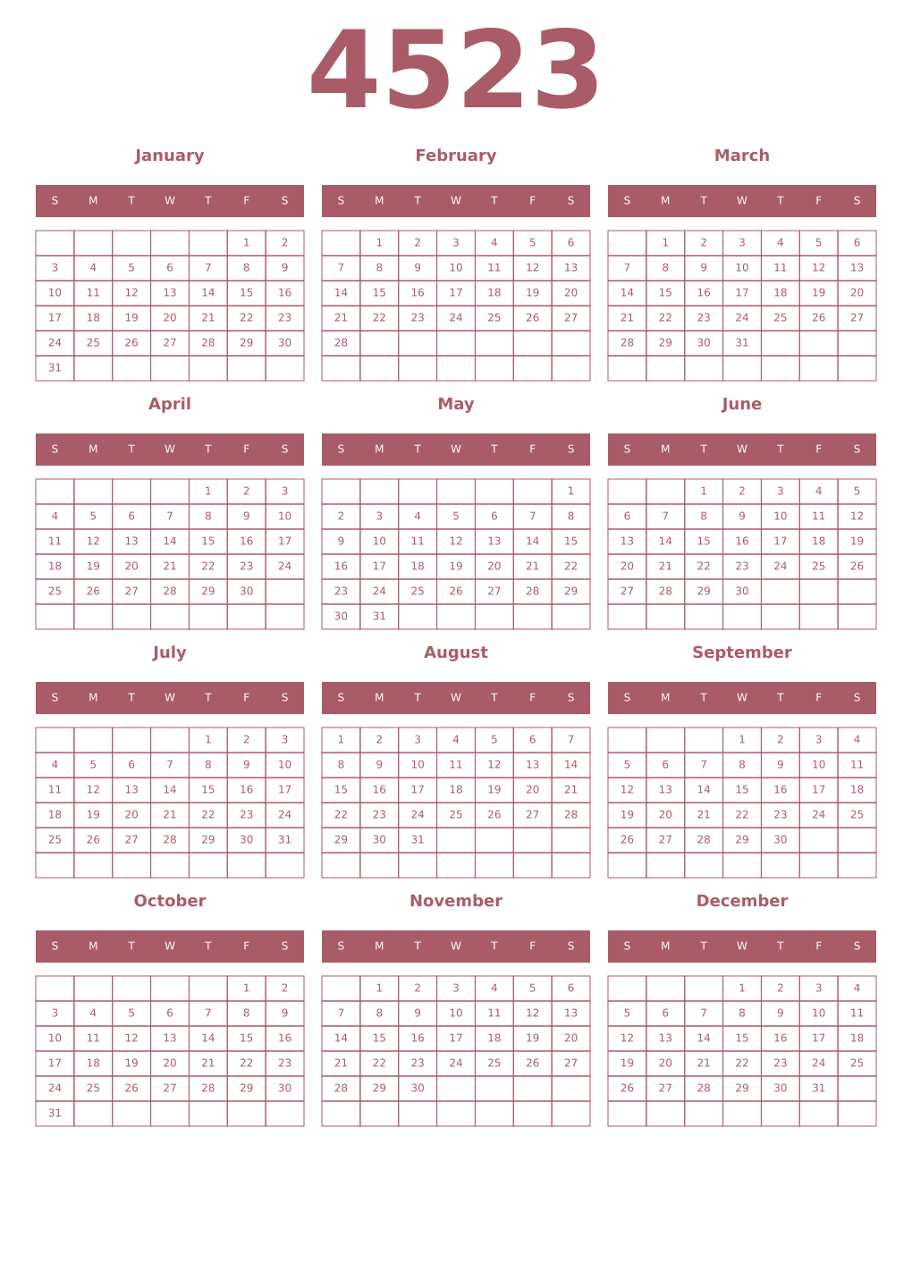 Printable 4523 Year Calendars puce