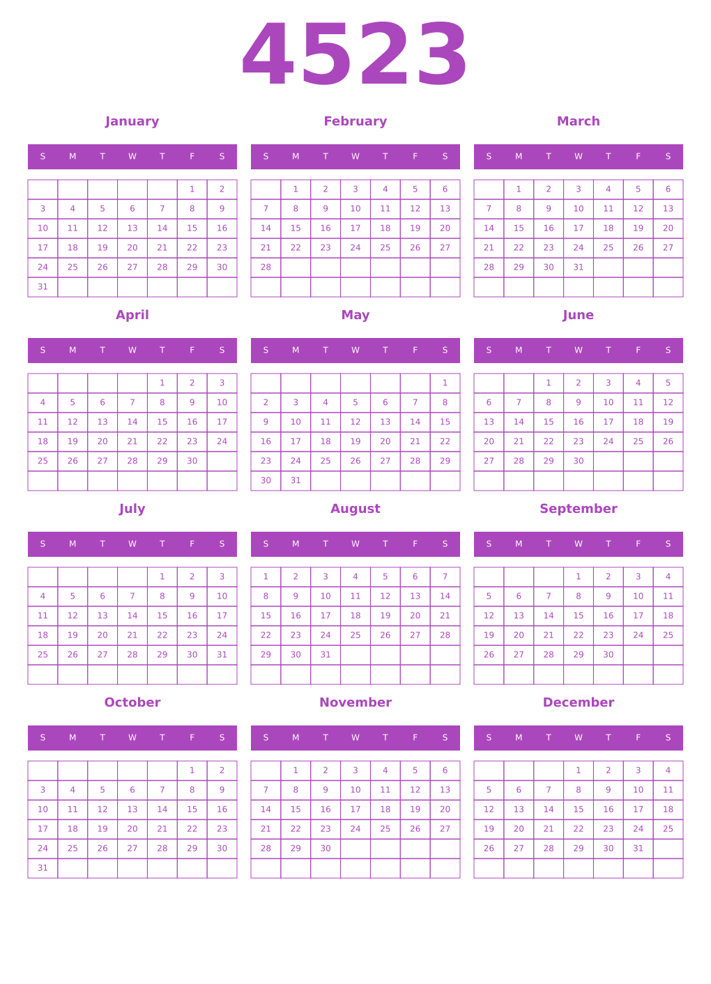 Printable 4523 Year Calendars purple
