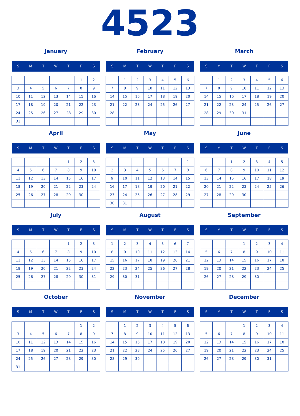 Printable 4523 Year Calendars smalt