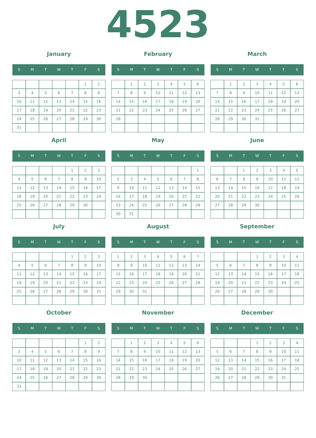 Printable 4523 Year Calendars viridian