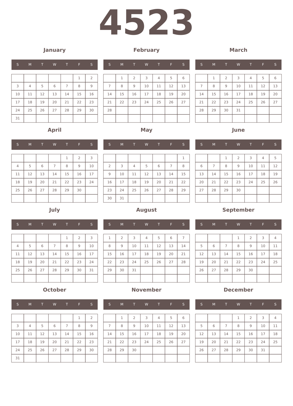 Printable 4523 Year Calendars wenge