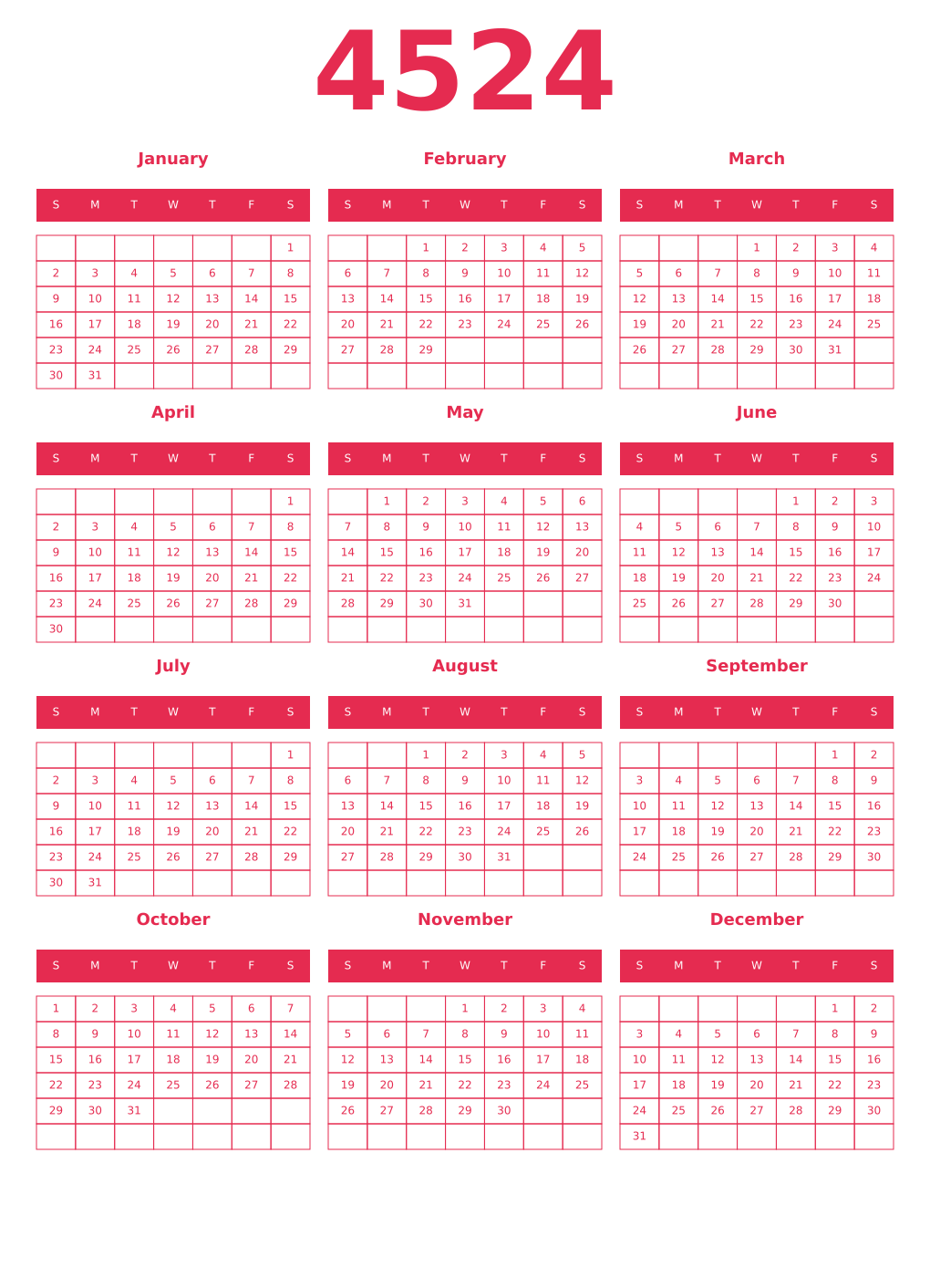 Printable 4524 Year Calendars amaranth