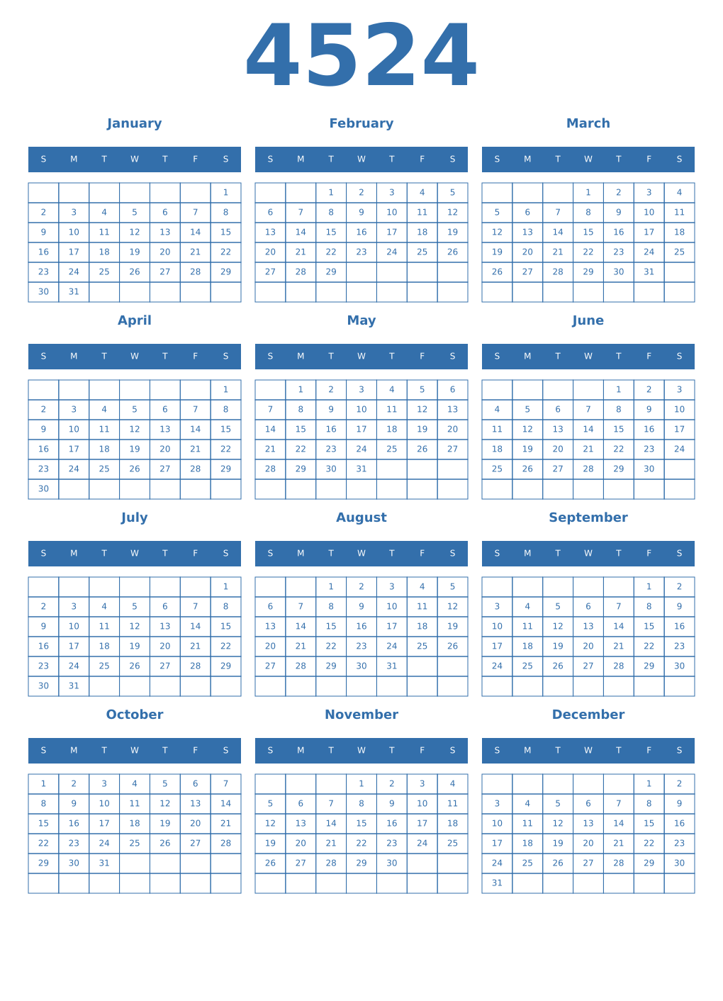 Printable 4524 Year Calendars blue