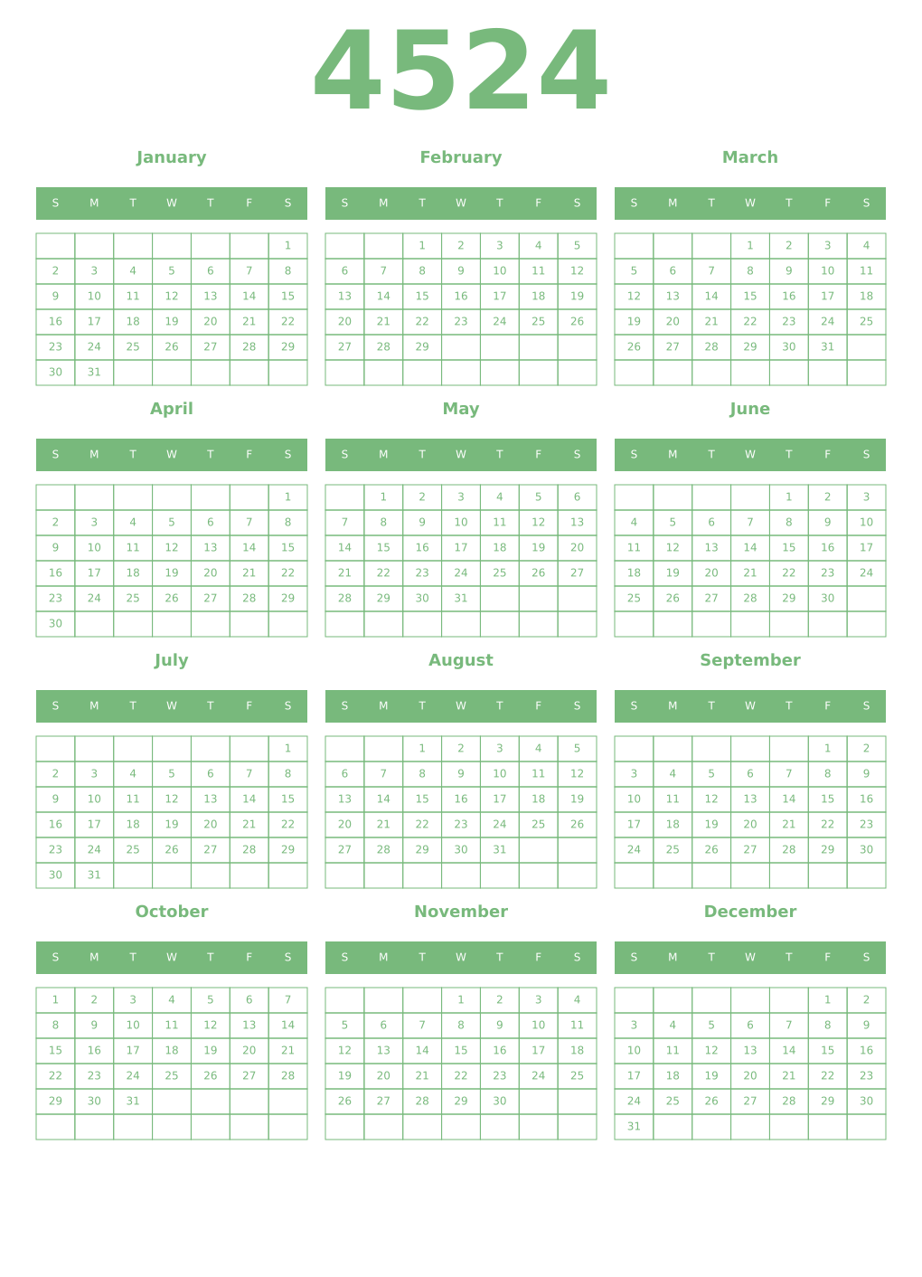 Printable 4524 Year Calendars celadon