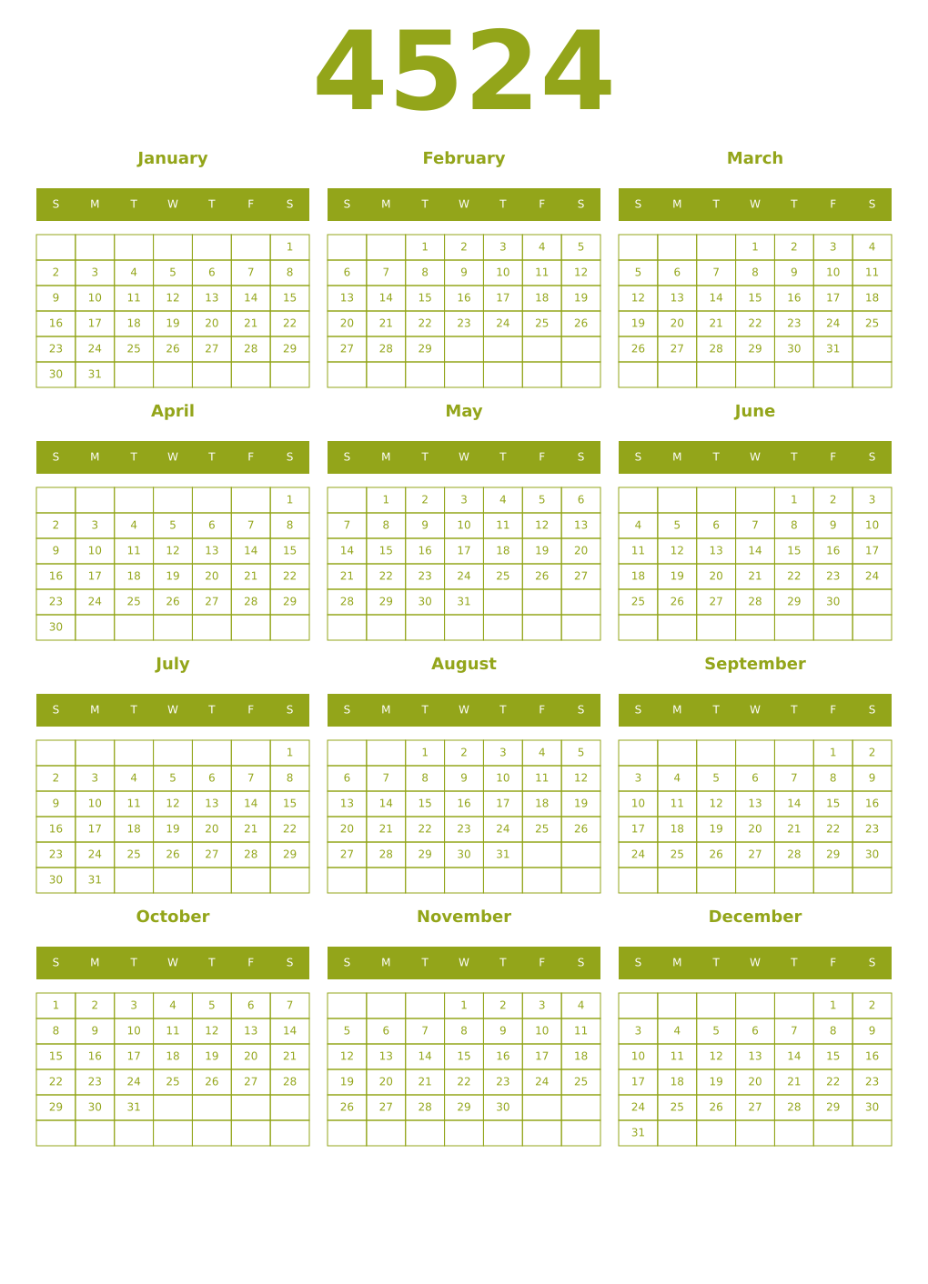 Printable 4524 Year Calendars chartreuse