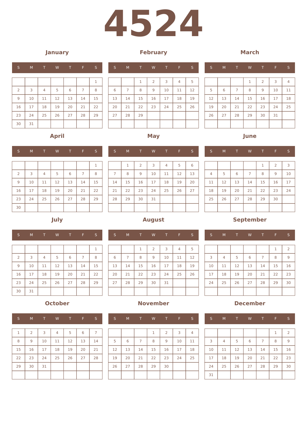 Printable 4524 Year Calendars coffe