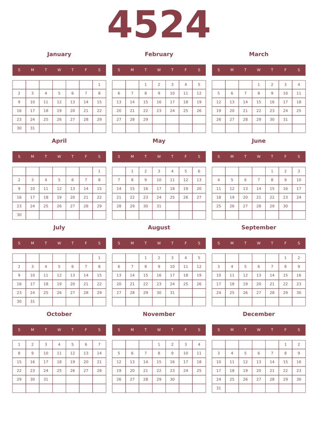 Printable 4524 Year Calendars cordovan