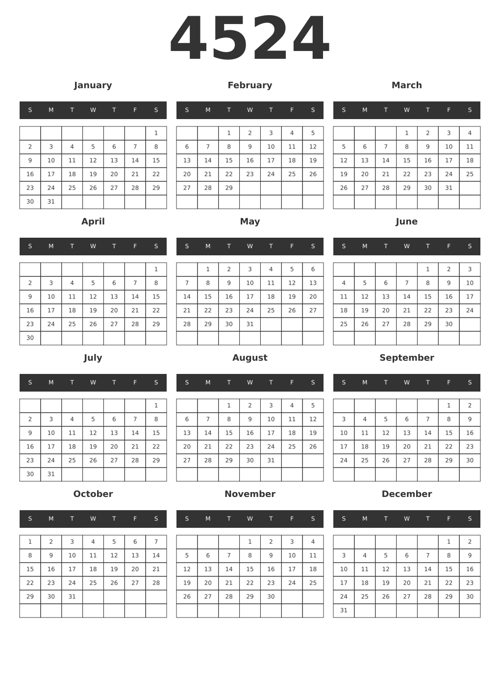 Printable 4524 Year Calendars dark