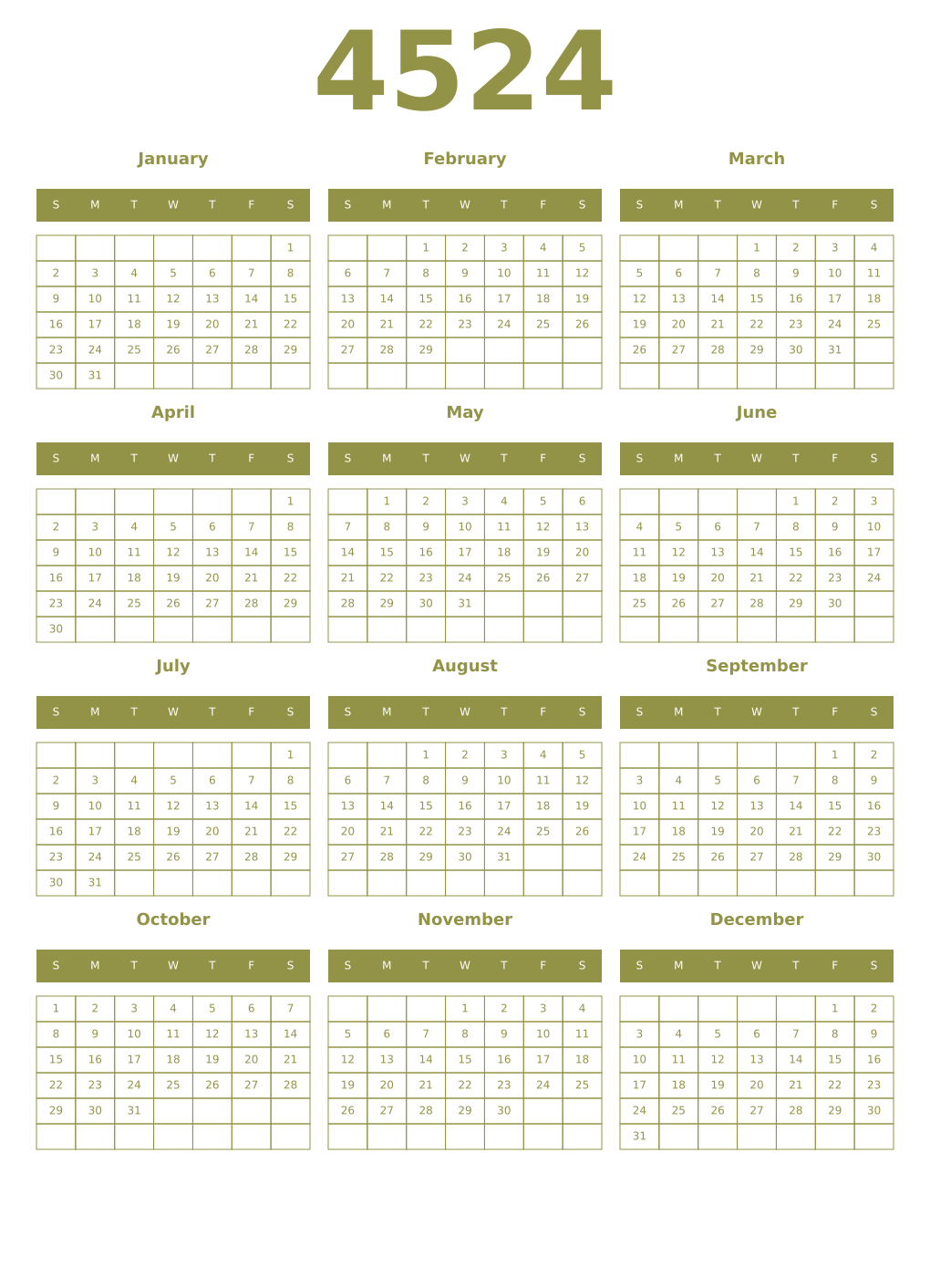 Printable 4524 Year Calendars eburnean