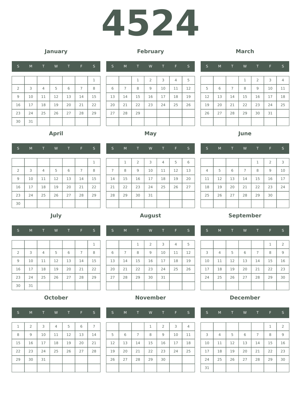 Printable 4524 Year Calendars feldgrau