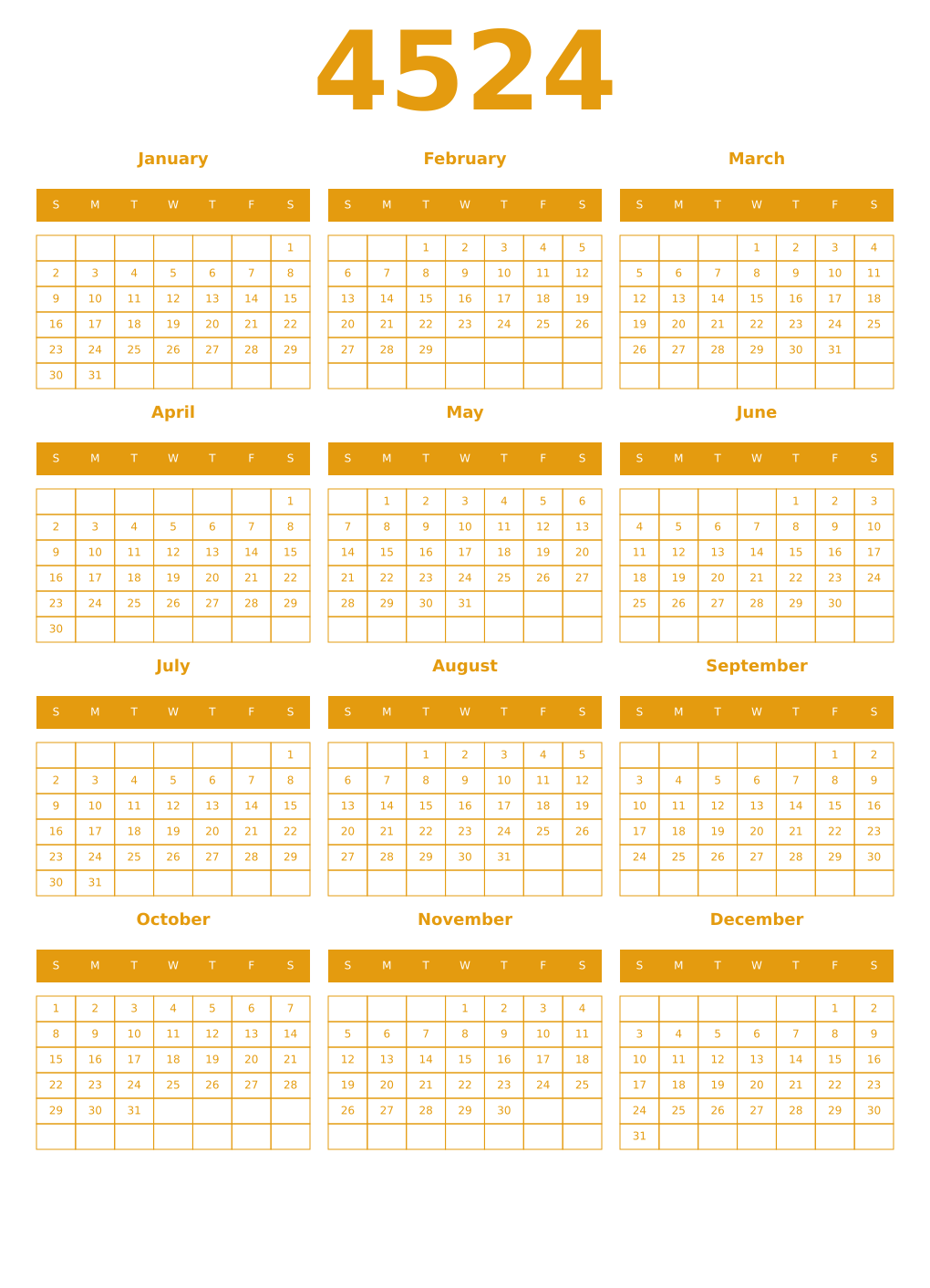 Printable 4524 Year Calendars gamboge