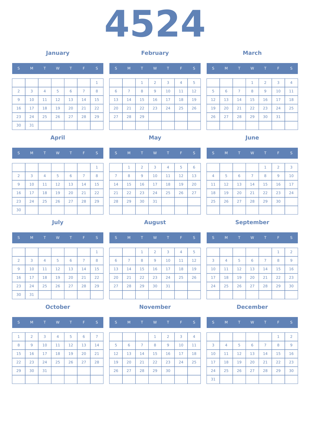 Printable 4524 Year Calendars glaucous