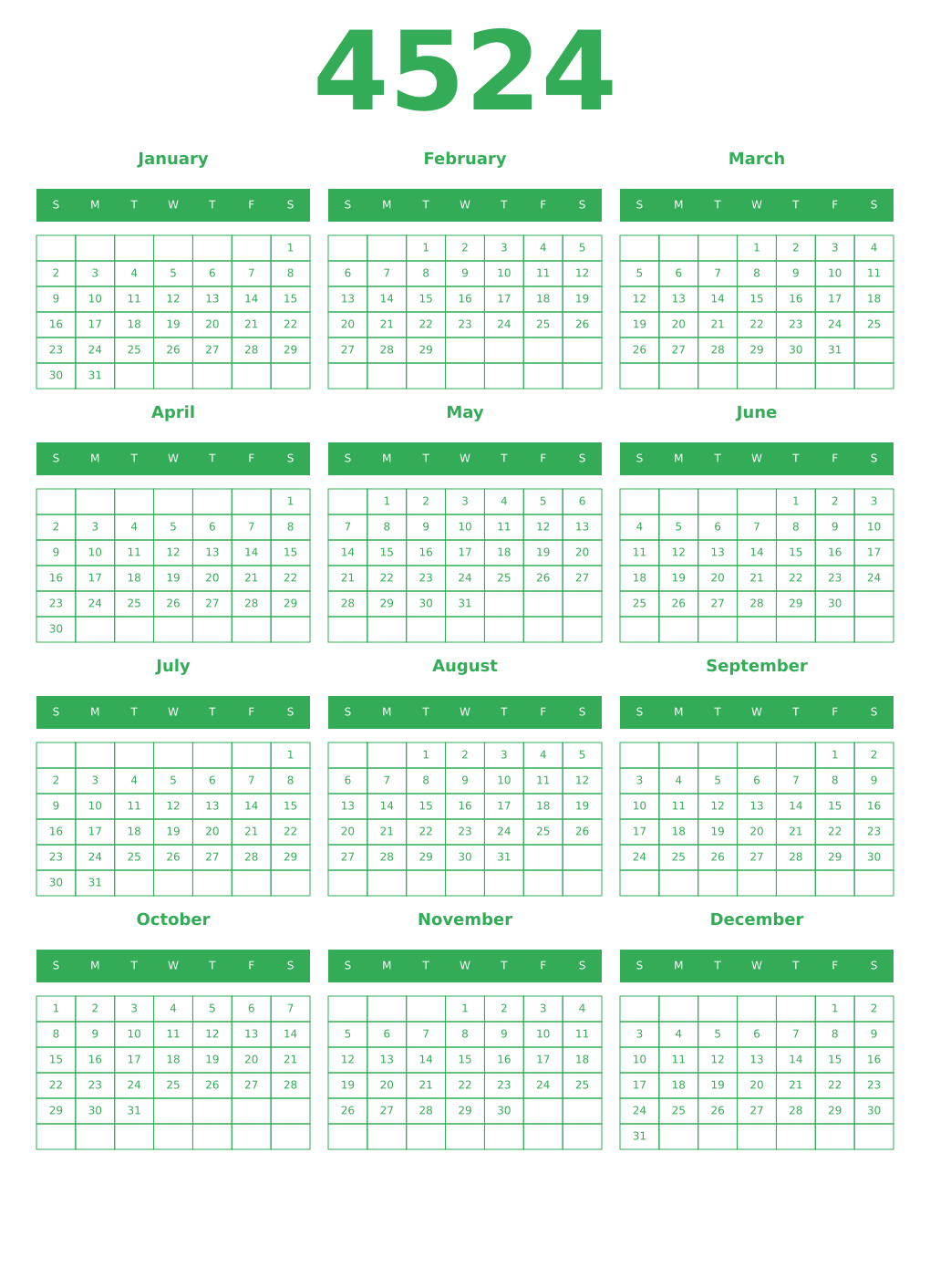 Printable 4524 Year Calendars green