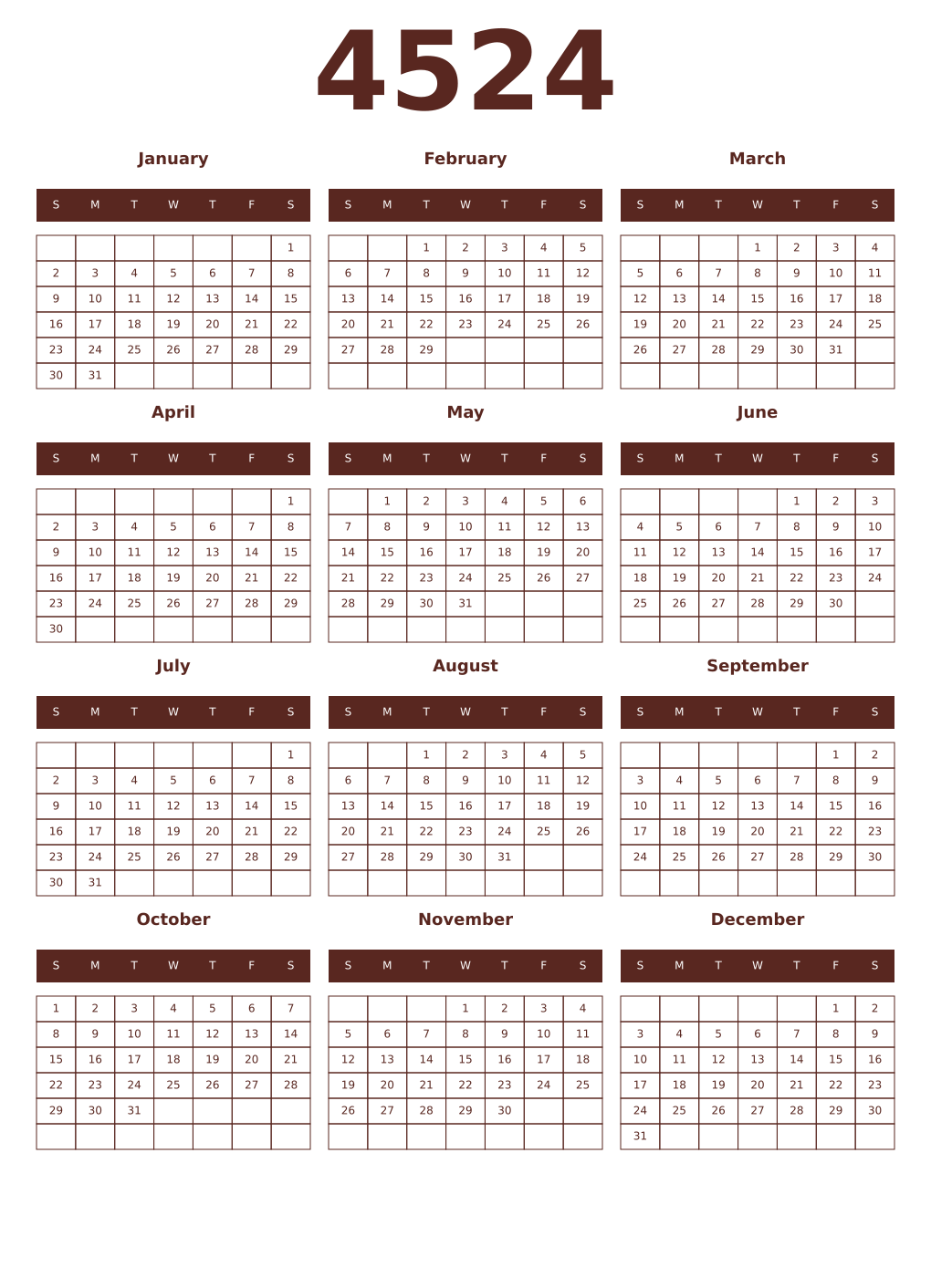 Printable 4524 Year Calendars mortuum