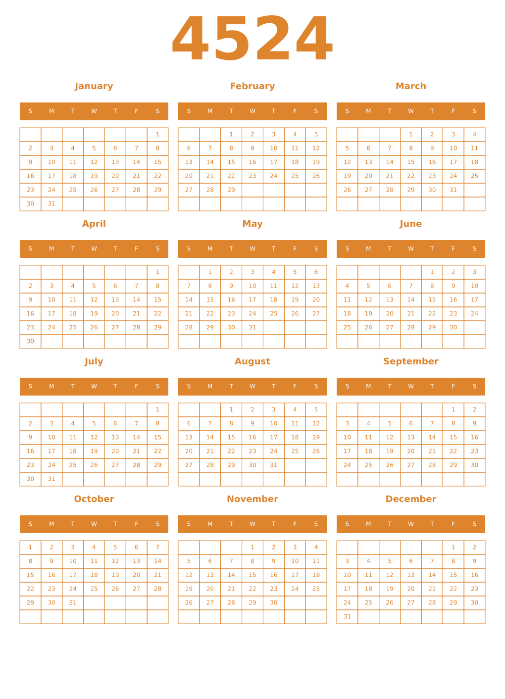 Printable 4524 Year Calendars orange