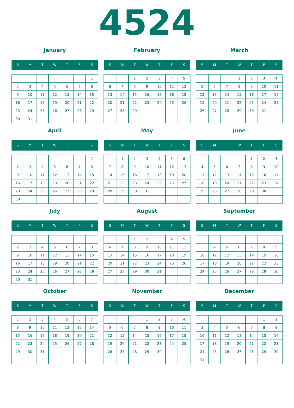 Printable 4524 Year Calendars pastel