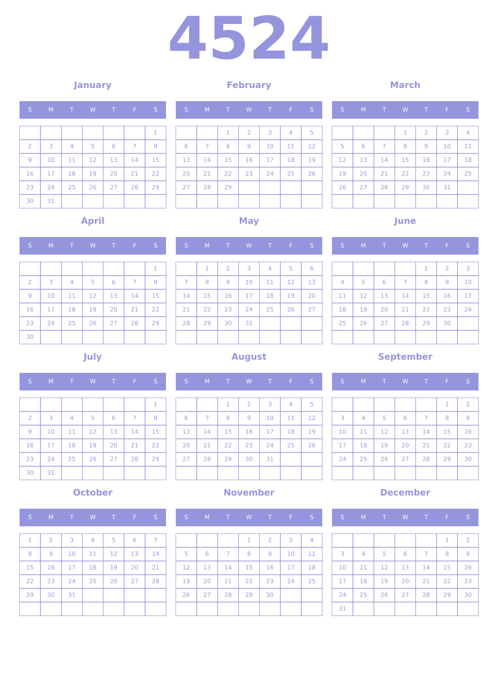 Printable 4524 Year Calendars periwinkle