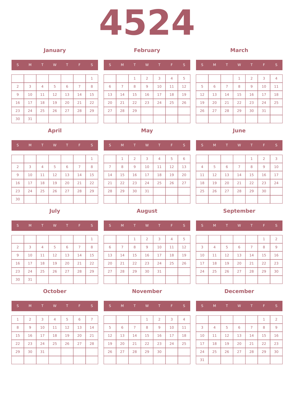 Printable 4524 Year Calendars puce