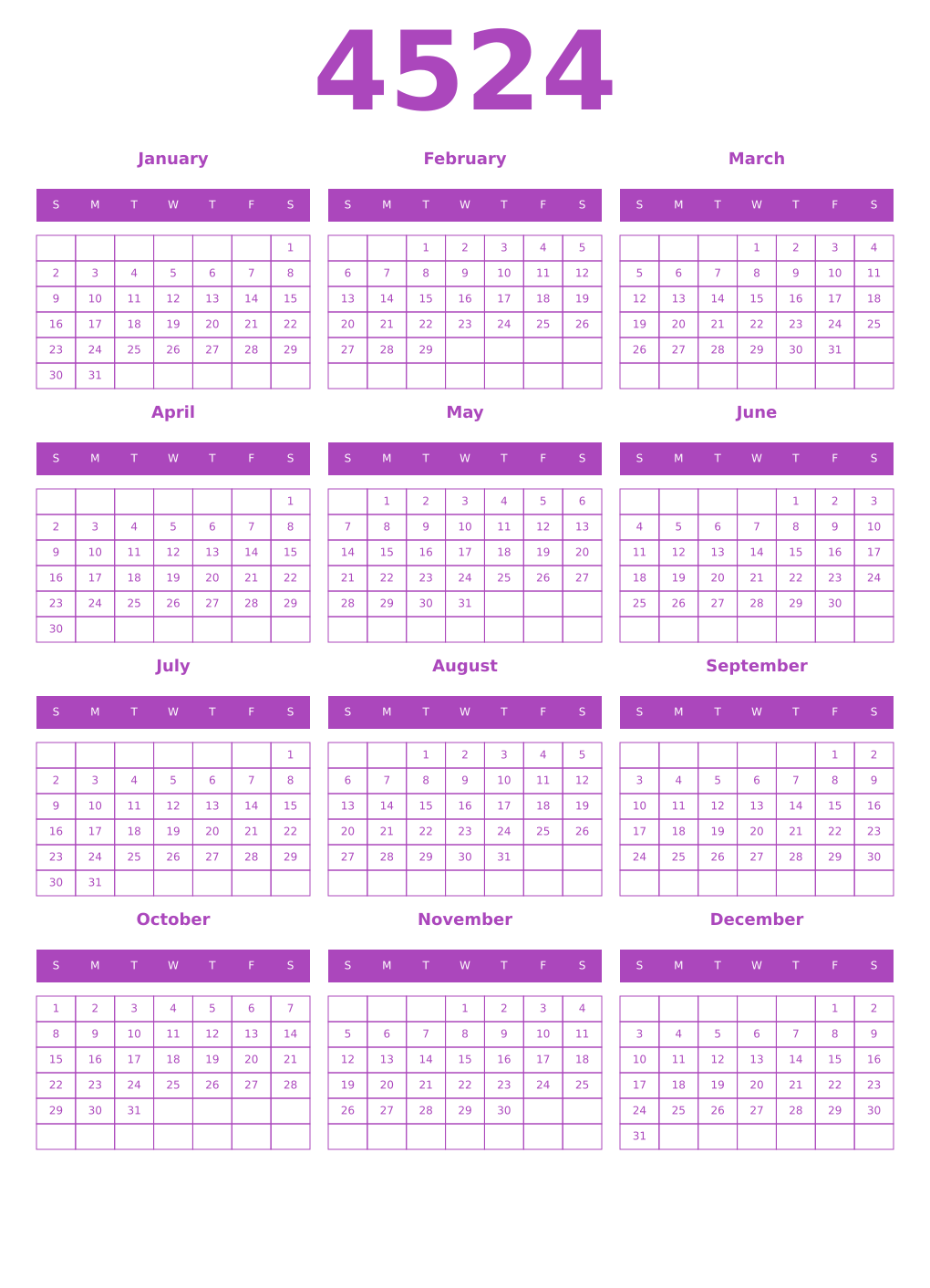 Printable 4524 Year Calendars purple