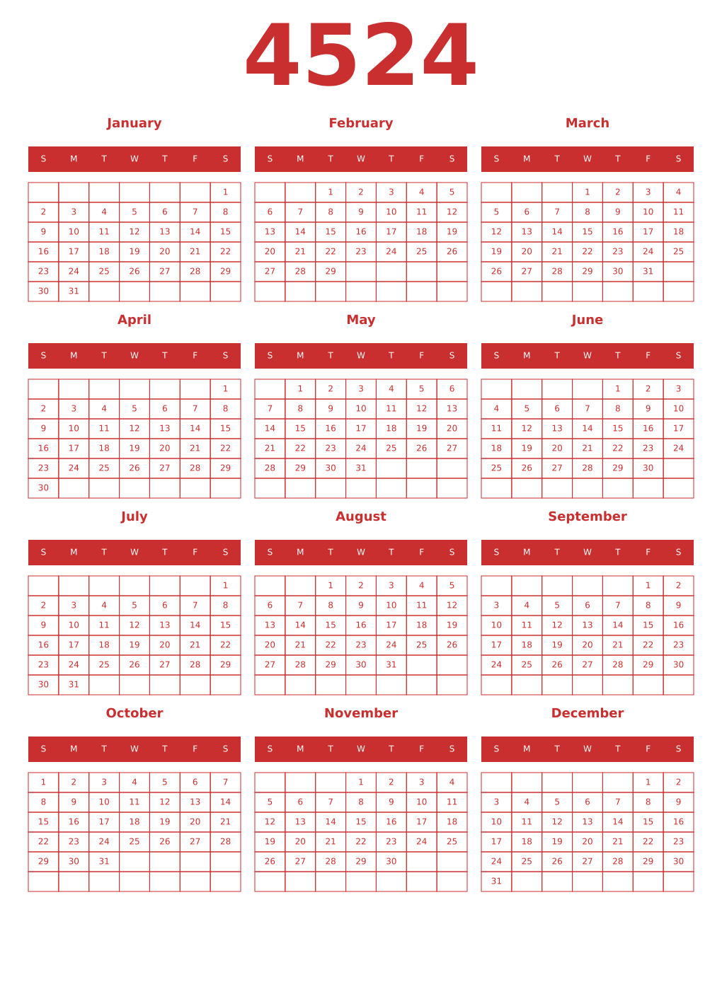 Printable 4524 Year Calendars red