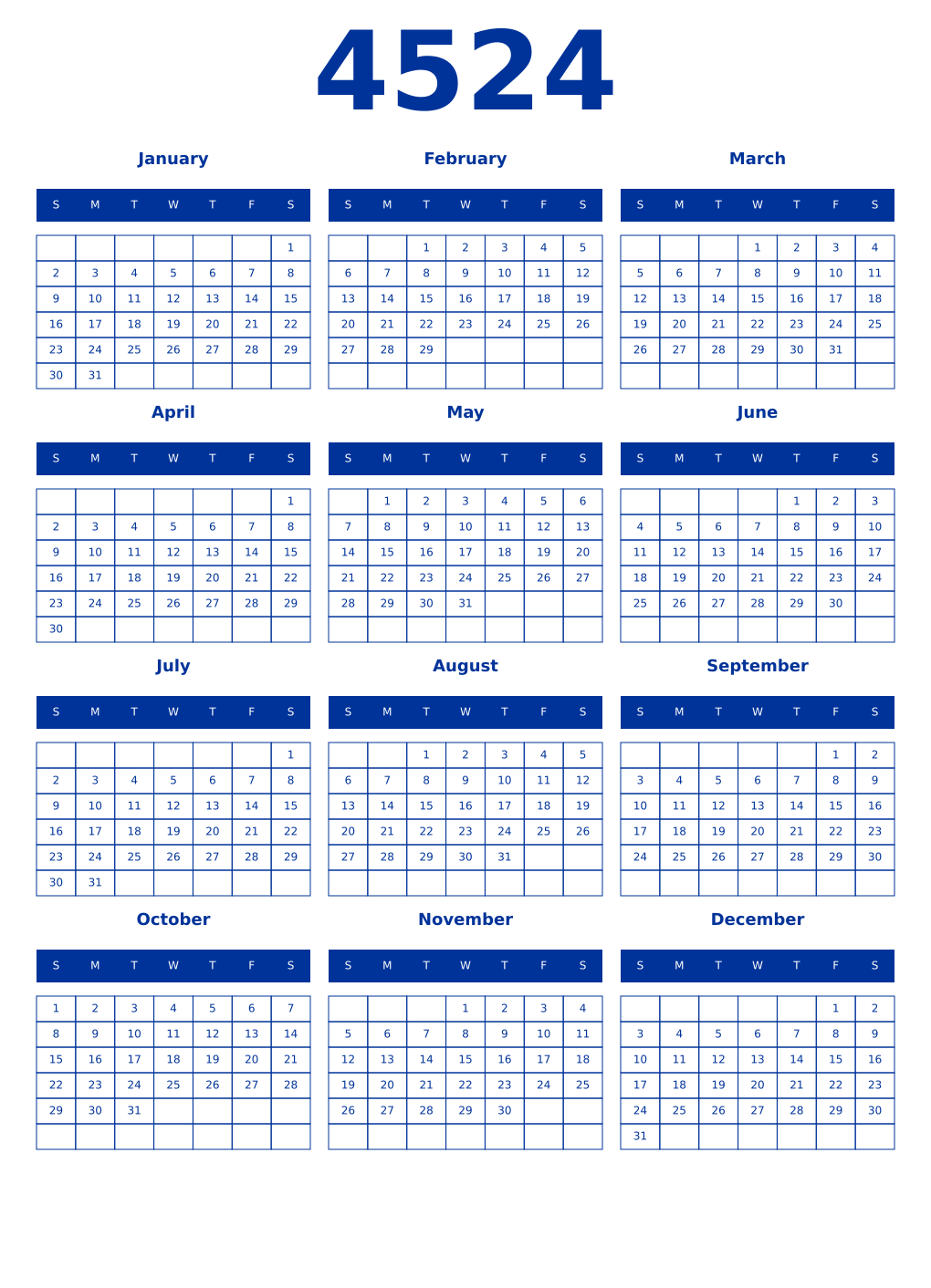 Printable 4524 Year Calendars smalt