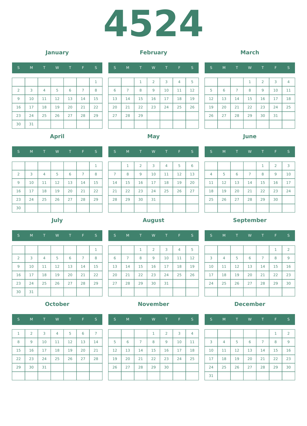 Printable 4524 Year Calendars viridian