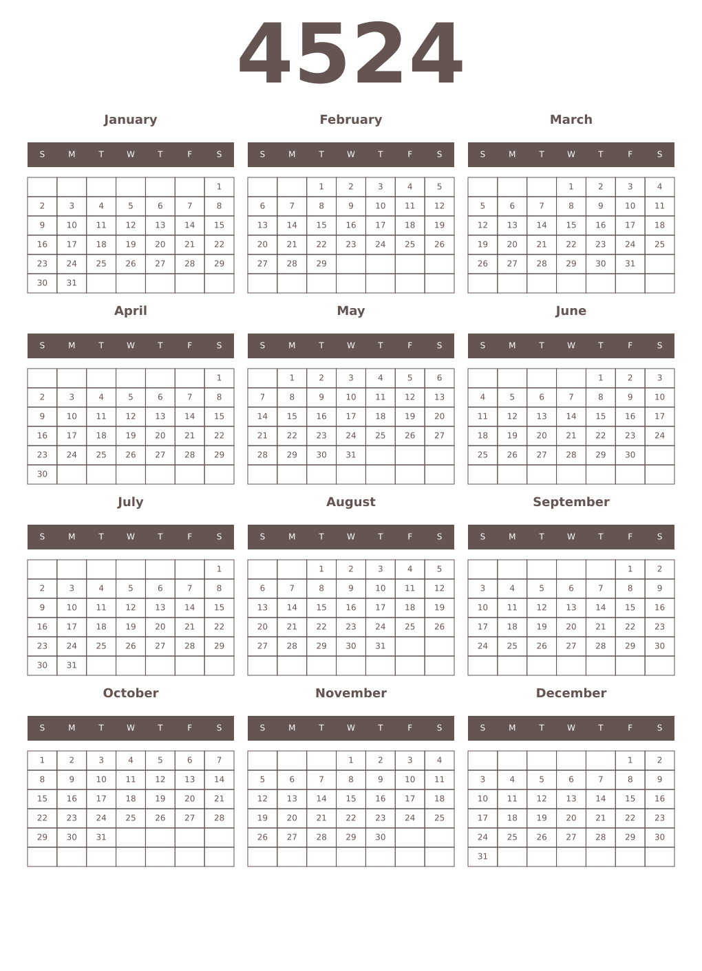 Printable 4524 Year Calendars wenge