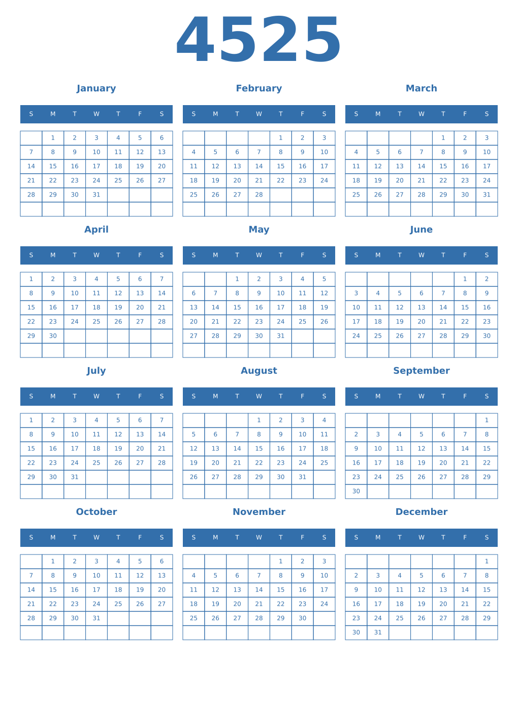 Printable 4525 Year Calendars blue
