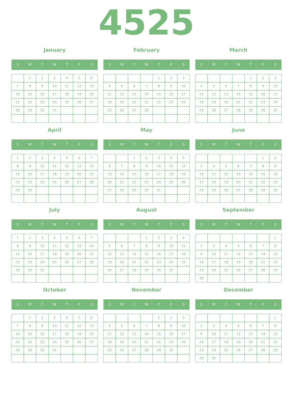 Printable 4525 Year Calendars celadon