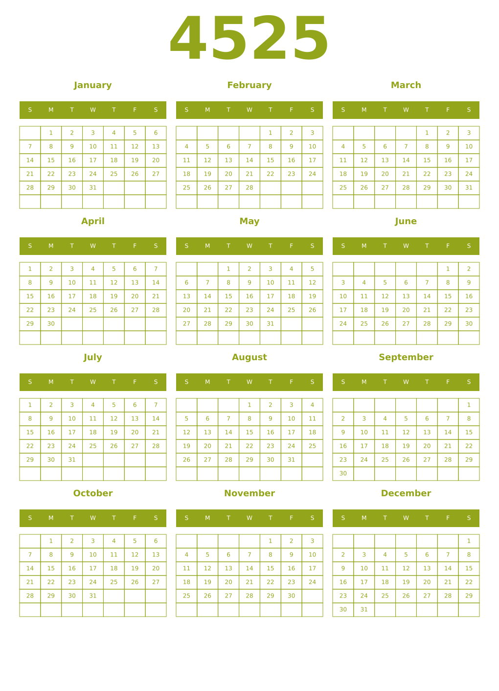 Printable 4525 Year Calendars chartreuse